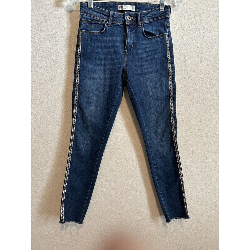 Zara Jeans Women's Size 4  Rhinestone Stripe Fray Pants‎